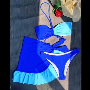 Colorblock three pieces swimsuit set blue